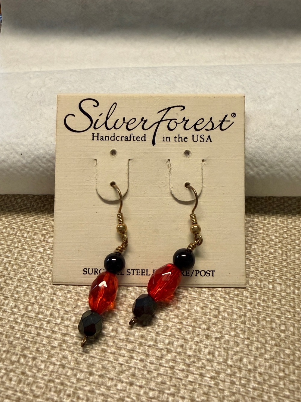 Silver Forest Red and Black Faceted Bead Drop Earrings